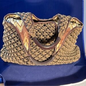 Banana Republic Safari Light Taupe Brown Woven Tote Bag Cow Leather Trim